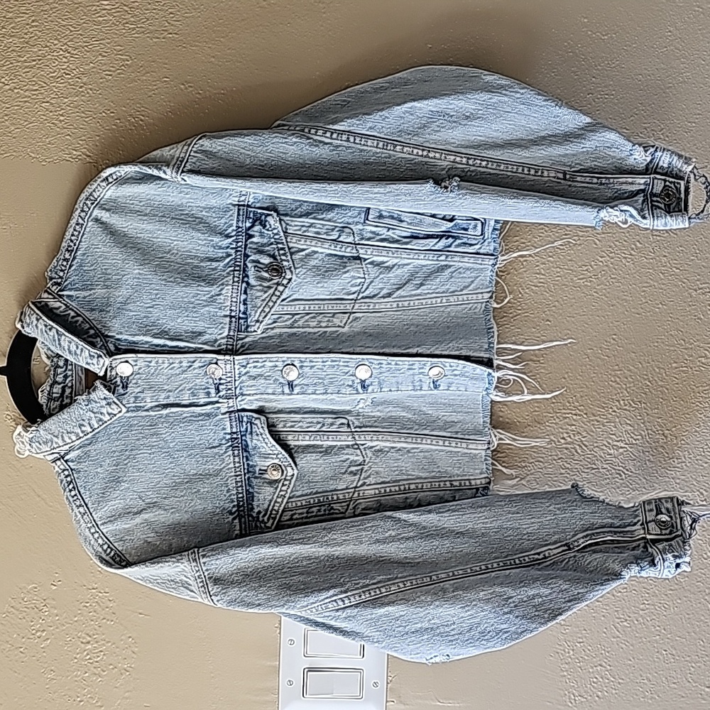 American Eagle Real Good Recycling Thrashed Light Wash Distressed Denim Jacket